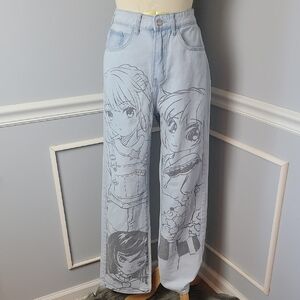 ROMWE Anime KPOP Light Wash Graphic Printed High Rise Wide Leg Casual Denim Jean